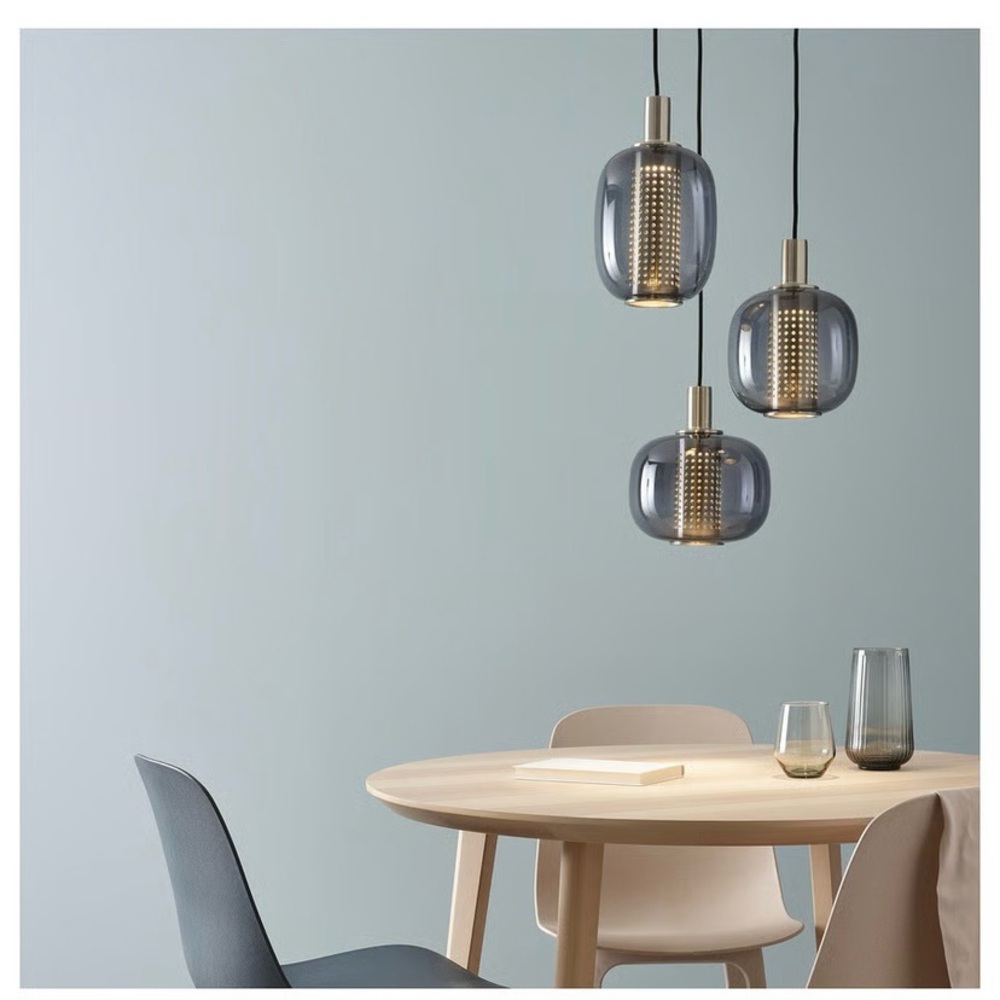 BNIB IKEA HÖGVIND Pendant lamp w/ 3 lamps, nickel/gray glass, 16" (3 Available) - Picture 5 of 10
